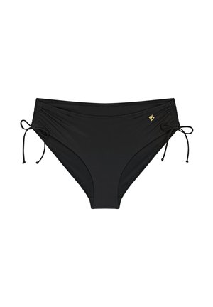 Czarne bikini w dolnej części wykonane z gładkiego materiału, z niskim stanem, regulowanymi bocznymi sznurkami i małym złotym akcentem logo z boku.