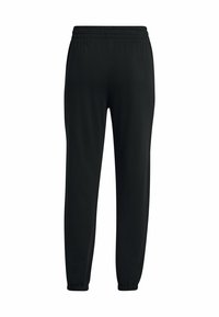 Zwarte sweatpants van zacht stof, met een elastische tailleband, taps toelopende pijpen en elastische boorden bij de enkels.