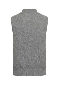 Gilet en tricot gris sans manches avec col et ourlet côtelés, présenté à plat, dos tourné vers l'avant sur fond blanc.