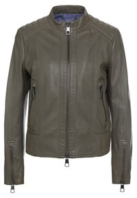 Oliivinvihreä nahkatakki, jossa on pystykaulus, etuvetoketju ja kaksi sivuvetoketjua. Sisältää tyylikkäät tikatut hartiat ja sileän pinnan.