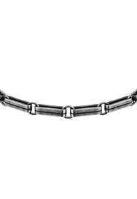 Catena in metallo caratterizzata da anelli rettangolari allungati e lucidi di colore metallico scuro, con connettori ad anello circolare distribuiti in modo intercalato.