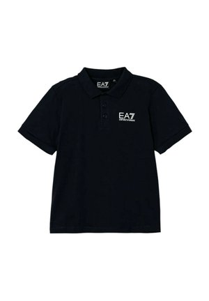 Polo shirt nero in cotone con colletto, maniche corte e logo EA7 bianco in contrasto ricamato sul petto.
