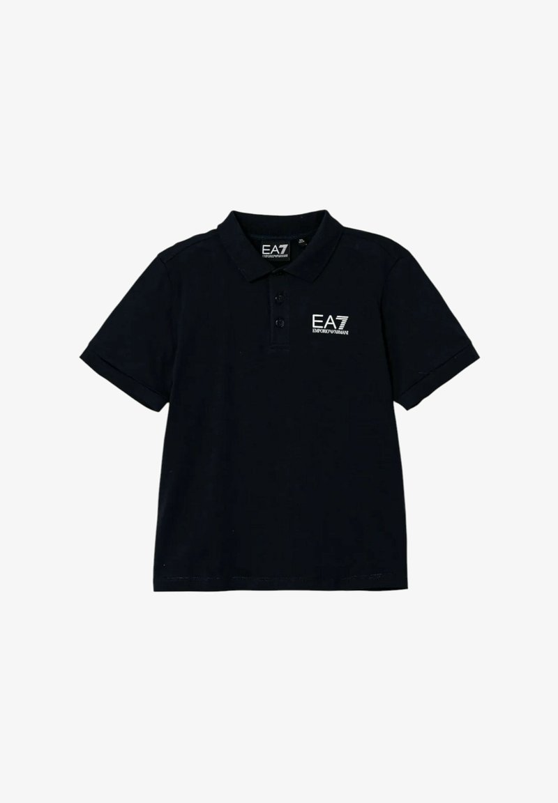 Polo shirt nero in cotone con colletto, maniche corte e logo EA7 bianco in contrasto ricamato sul petto.