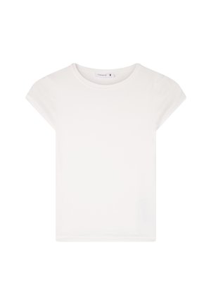 T-shirt bianco a maniche corte realizzato in tessuto leggero. Presenta un colletto rotondo e una vestibilità ampia con una texture liscia e un design minimale.