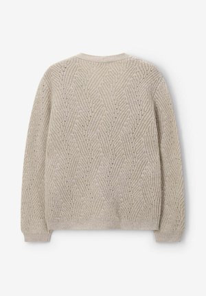 Beige gebreide trui met een gestructureerd chevronpatroon, lange mouwen, een geribbelde kraag en manchetten, met een losse pasvorm en zacht materiaal.