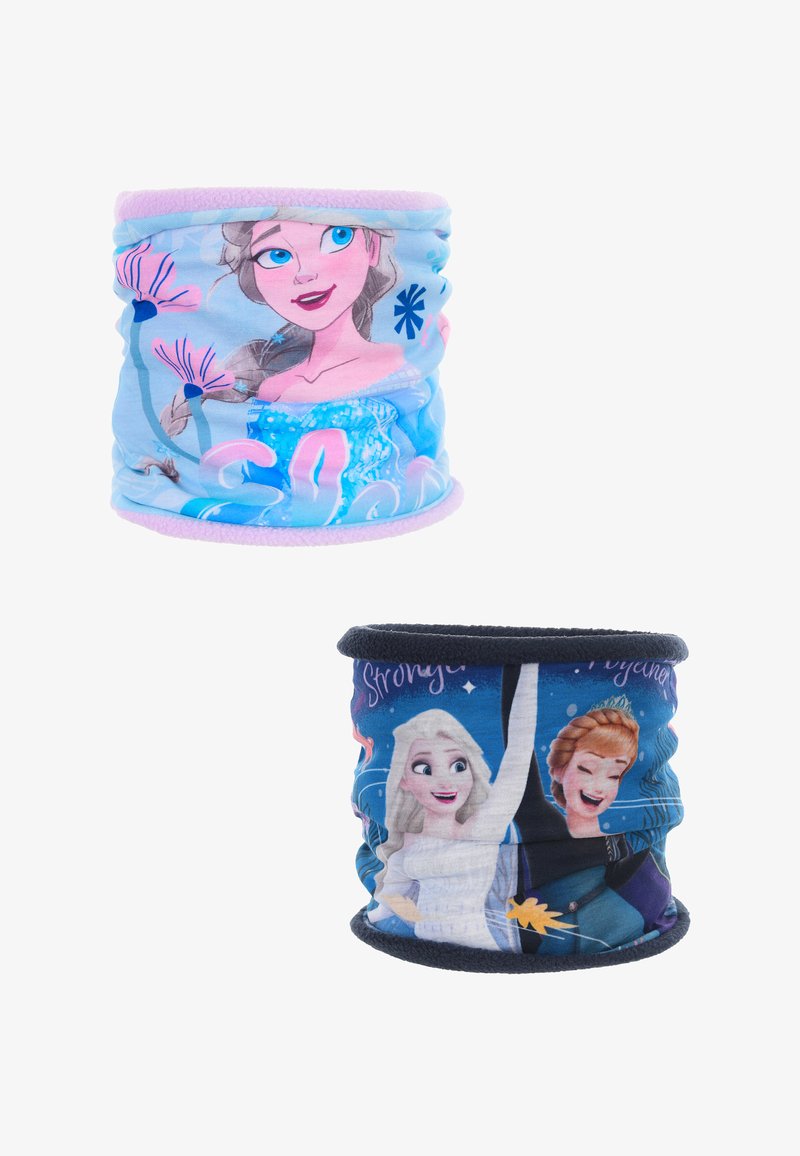 Twee ronde stoffen nektubes; de ene heeft een lichtblauw ontwerp met een figuur en bloemen, de andere is donkerblauw met twee figuren en tekst.