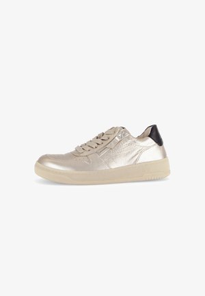 Metallic gold sneaker with a textured upper, featuring a black heel accent, round toe, and flat light-colored sole. Laces and side zipper included.