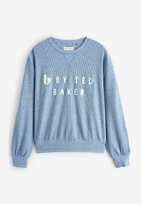 Niebieska bluza z teksturowanej tkaniny, okrągłym dekoltem i długimi rękawami. Na froncie wyhaftowany biały napis "BY TED BAKER".