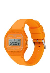Reloj digital con una caja de resina transparente naranja y correa de silicona. Presenta una esfera rectangular y resistencia al agua de hasta 30 metros.