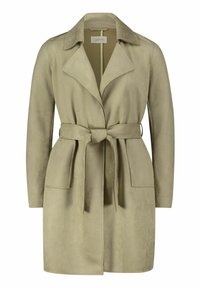 Trench-coat en suède kaki avec un col cranté, ceinture à nouer à la taille, deux poches avant et manches longues. Texture lisse, longueur au genou.