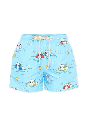 Jasnoniebieskie kąpielówki ze białym sznurkiem, z bajkowymi psami i ptakami na kolorowych kołach do pływania na wodzie, z słońcem i chmurami.