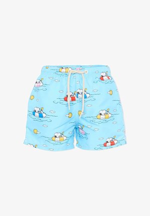 Short de bain bleu clair avec cordon blanc, présentant des chiens et des oiseaux dessinés sur des bouées colorées dans l'eau avec le soleil et des nuages.