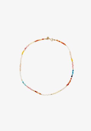 Fin perlekæde med små runde perler i orange, pink, gul, blå og hvid, med en guldfarvet springring-lås.