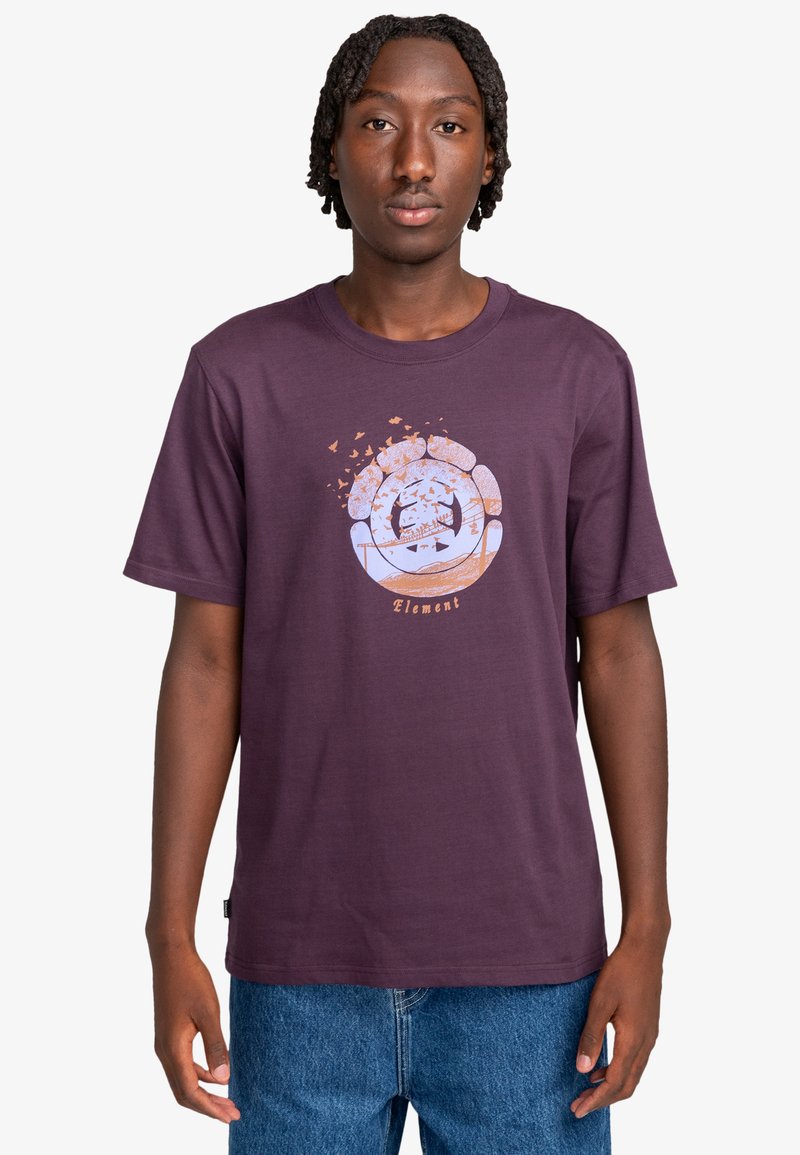 Purple cotton t-shirt with a round neckline, featuring a light blue and orange graphic design of a bird and landscape on the front.