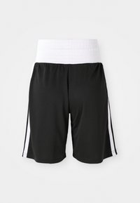 Zwarte sportshorts met een witte elastische tailleband en twee witte zijstrepen. Gemaakt van lichtgewicht stof, met een gladde textuur.