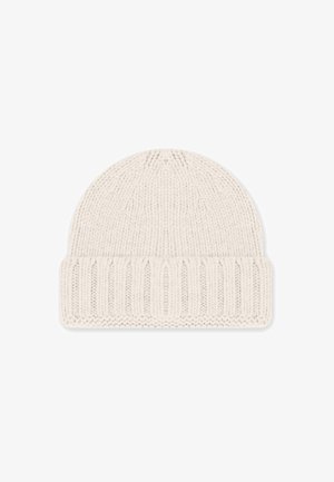 Berretto lavorato a maglia bianco con polsino a costine, dotato di una texture morbida e di una parte superiore arrotondata. Il motivo a maglia è uniforme su tutta la cappello.