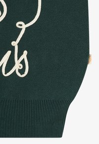 Knit sweater in dark green with cream-colored embroidered text. Features a ribbed hem and a small branded label on the side.