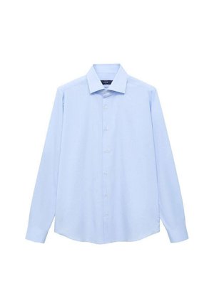Light blue long-sleeve shirt made of cotton. Features a classic collar, button-front closure, and a straight hem with no patterns.