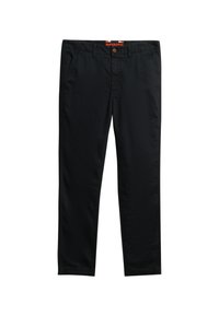 Pantalones negros de pierna recta con bolsillos laterales, pasadores para cinturón, cierre de botón y etiqueta de "Superdry" visible en la cinturilla.