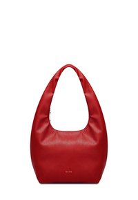 Red leather hobo bag with a rounded top handle, smooth texture, subtle sheen, and a logo embossed at the bottom. Zipper closure detail.