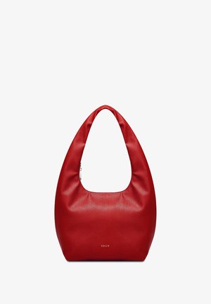 Rote Leder-Hobo-Tasche mit einem abgerundeten oberen Tragegriff, glatter Textur, dezenter Schattierung und einem eingeprägten Logo am Boden. Reißverschlussverschluss.