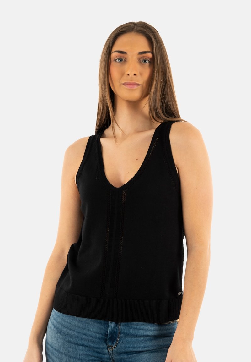 Débardeur noir sans manches en maille avec un décolleté en V, présentant un ourlet côtelé et des détails de texture verticale. Convient pour un usage décontracté.
