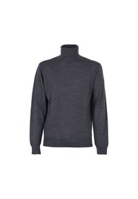 Maglione a dolcevita grigio scuro realizzato in morbido materiale a maglia. Presenta maniche lunghe e una silhouette aderente con polsini e orlo a costine.