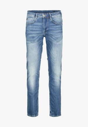 Helle blaue Denim-Jeans mit geradem Schnitt, fünf Taschen, ausgewaschenen Details und sichtbaren Nähten entlang der Nähte und Taschen.