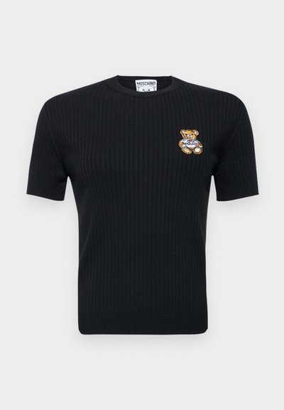 Black ribbed t-shirt with short sleeves, featuring an embroidered bear design on the left chest and a round neckline.