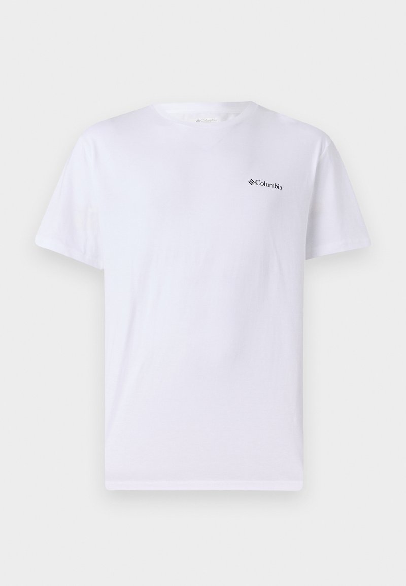 T-shirt en coton blanc avec un col rond et des manches courtes, arborant un petit logo noir Columbia sur la poitrine gauche.