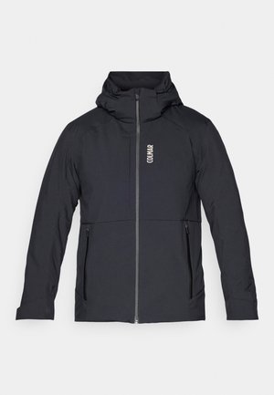 Black hooded jacket with front zipper, two zippered side pockets, and "COLMAR" logo on the chest.