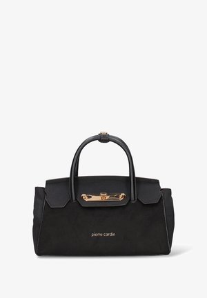 Borsa in suede nero con forma strutturata, manici superiori, dettagli dorati e un accento con logo sulla parte frontale. Texture liscia con design elegante.