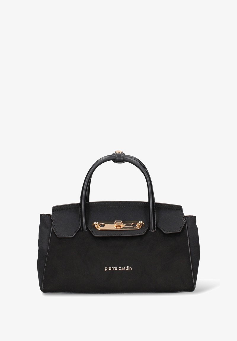 Zwarte suède handtas met een gestructureerde vorm, bovenhandvatten, gouden hardware en een logo-accent aan de voorkant. Gladde textuur met een slank ontwerp.