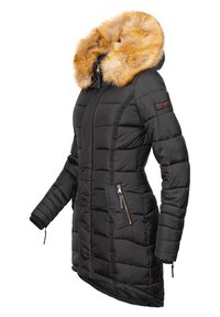 Black padded coat with a detachable fur hood, zippered side pocket, and stitched pattern. Features a fitted silhouette and diagonal zippers.