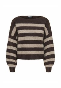 Pull rayé marron et beige, avec un col ronde, des épaules tombantes et un ourlet côtelé, fabriqué en matériau tricot doux.