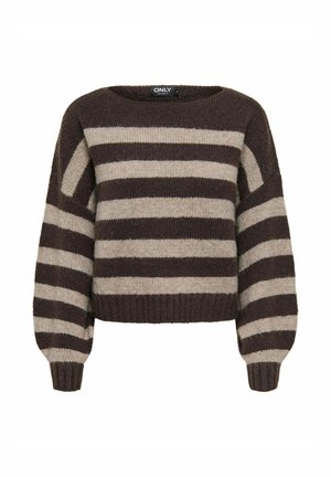 Striped sweater in brown and beige, featuring a round neck, dropped shoulders, and ribbed hem, made from soft knit material.