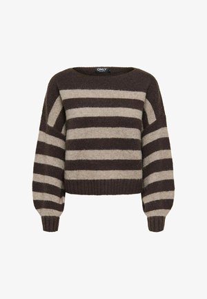 Sweter w paski w odcieniach brązu i beżu, z okrągłym dekoltem, opuszczonymi ramionami i prążkowanym wykończeniem, wykonany z miękkiego materiału dzianinowego.