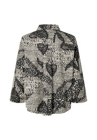 Camicia a motivi nera e beige con una vestibilità morbida, colletto e maniche a tre quarti, caratterizzata da audaci design geometrici e astratti.