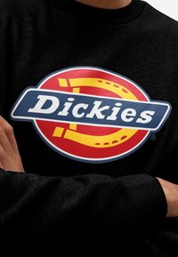 Person som bär en svart sweatshirt med en stor, färgglad Dickies-logotyp i rött, gult och blått på bröstet.