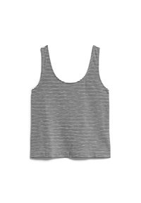 Svart och vit horisontellt randig ärmlös crop top med rundad halsringning, lagd platt på en vit bakgrund.