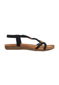 Sandales noires avec des sangles tressées, une semelle intérieure rembourrée beige et une semelle basse marron. Comprend une sangle arrière réglable pour un ajustement sécurisé.