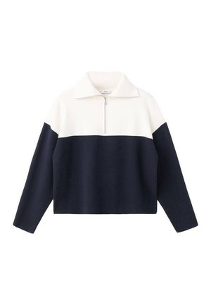 Navy and cream color-blocked pullover, featuring a zippered collar, relaxed fit, and ribbed texture at hem and cuffs. Made from soft fabric.