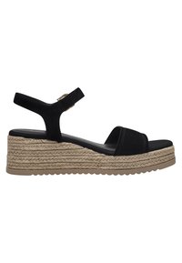 Sandalias de plataforma de ante negro con una media suela de yute trenzado, correa en el tobillo ajustable y suela de goma texturizada para mayor adherencia.