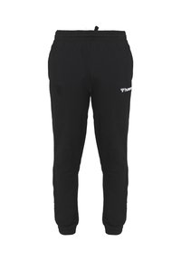 Pantalon de sport noir avec taille élastique et petit logo blanc sur la cuisse droite, coupe fuselée, présenté sur fond blanc.