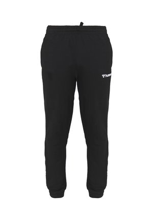 Czarne spodnie sportowe z elastycznym pasem i małym białym logo na prawym udzie, dopasowany krój, przedstawione na białym tle.