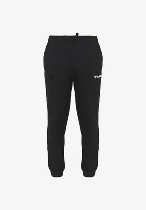 Czarne spodnie sportowe z elastycznym pasem i małym białym logo na prawym udzie, dopasowany krój, przedstawione na białym tle.