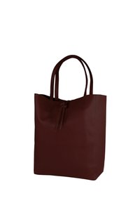 Bordeauxkleurige leren draagtas met dubbele handvatten, een gestructureerd oppervlak en een trekkoordsluiting aan de bovenkant. Vierkant ontwerp zonder zichtbare metalen details.