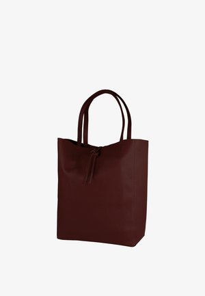 Bordeauxkleurige leren draagtas met dubbele handvatten, een gestructureerd oppervlak en een trekkoordsluiting aan de bovenkant. Vierkant ontwerp zonder zichtbare metalen details.