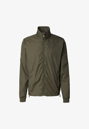 Lichtgewicht olijfgroene jas met een ritssluiting over de hele voorkant, hoge kraag, elastische manchetten, zijzakken en verstelbare koordjes aan de zoom.