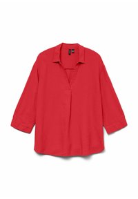 Chemise en lin rouge, légère, avec un col en V, des manches trois-quarts et une coupe décontractée. Tissu texturé avec un minimal de détails de couture.